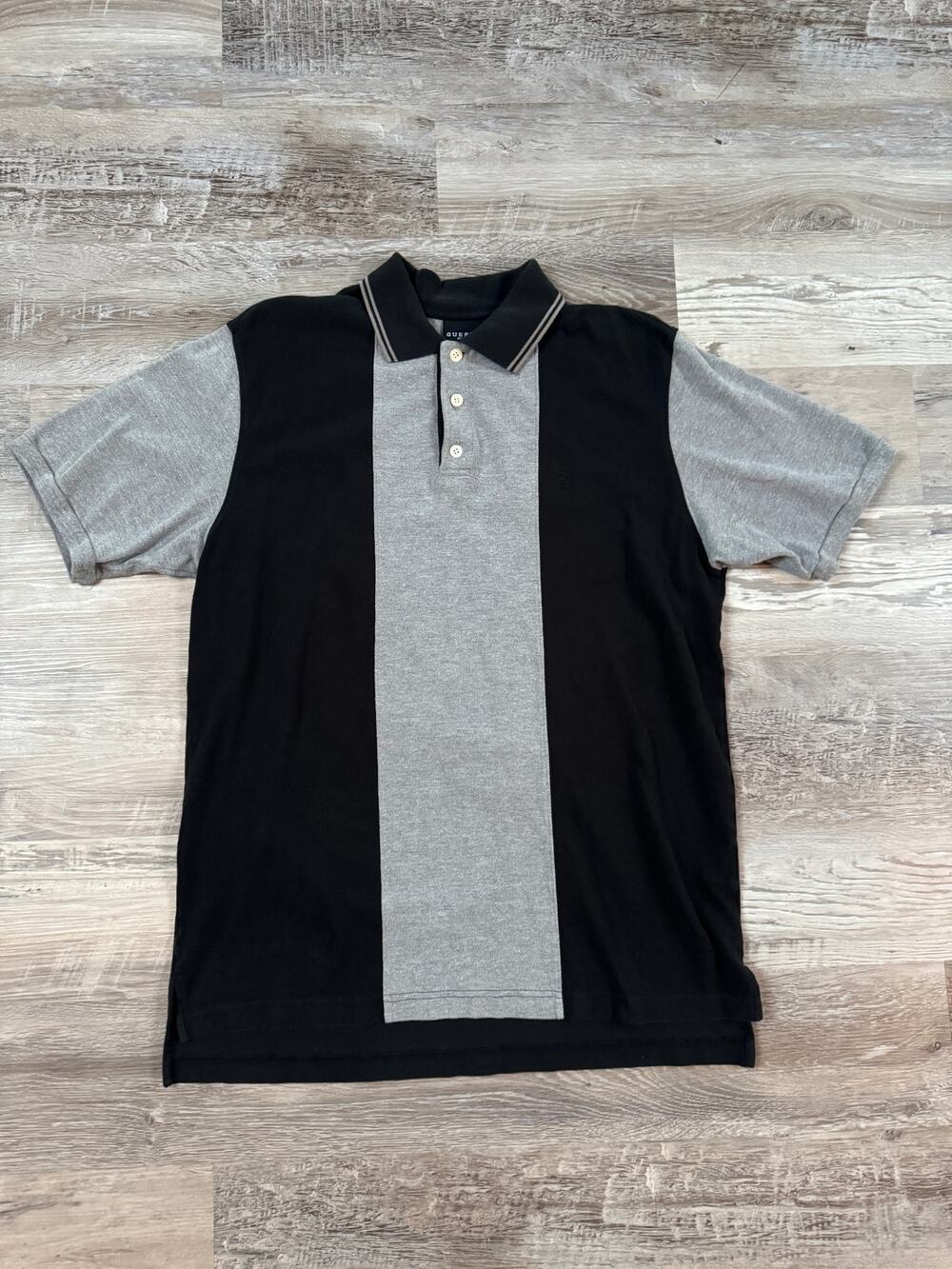 Vintage 90s Guess Jeans Colorblock Polo Shirt Gray Black Streetwear Preppy XL